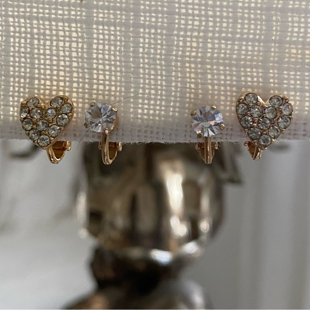 Rhinestone Earrings Allison Reed Tiny Pave Heart Clip On Gold Tone Never Used